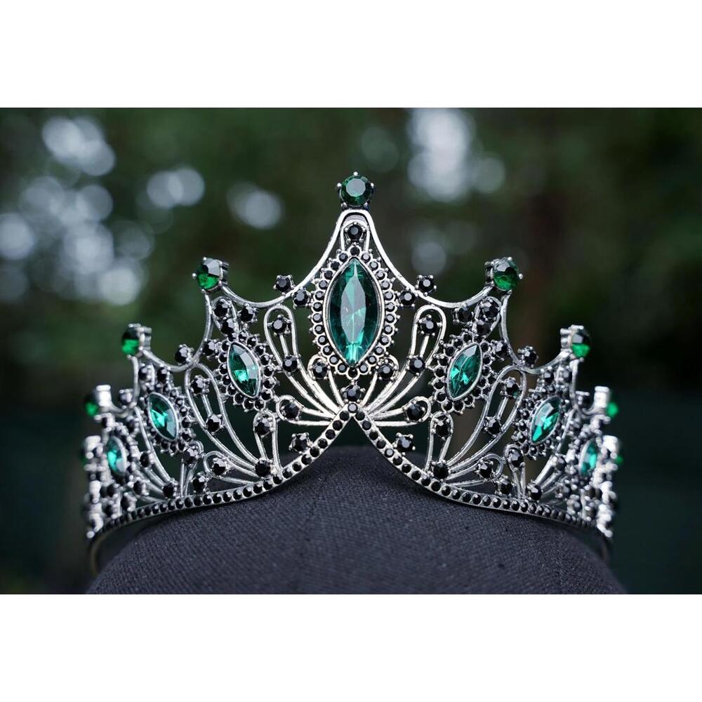 Silver Green Crystal Tiara: Gothic Bridal Crown, Dark Baroque Wedding